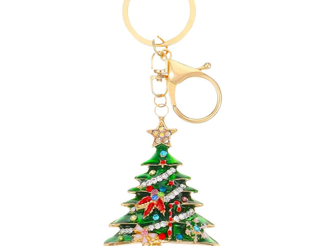 2PCS Rhinestone Enamel Christmas Tree Keychain - Durable Zinc Alloy Bag Charm Pendant Accessories for Christmas Gifts & DIY Deco