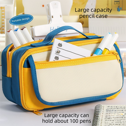 Large Capacity Multi-Layer Pencil Case with Handle - Red Contrast Stationery Storage Bag with Multiple Compartments, Magnetic Front Pocket, 21 x 10.5 x 6 cm