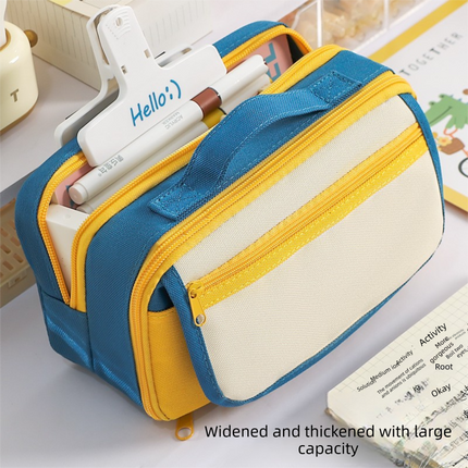 Large Capacity Multi-Layer Pencil Case with Handle - Red Contrast Stationery Storage Bag with Multiple Compartments, Magnetic Front Pocket, 21 x 10.5 x 6 cm