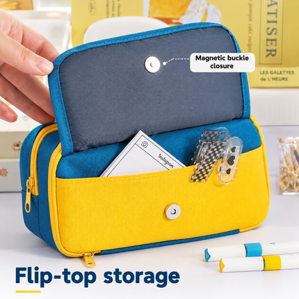 Large Capacity Multi-Layer Pencil Case with Handle - Red Contrast Stationery Storage Bag with Multiple Compartments, Magnetic Front Pocket, 21 x 10.5 x 6 cm