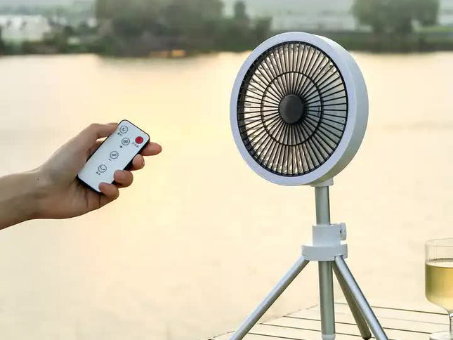White Portable Outdoor Tripod Fan ‚Äì USB Rechargeable Camping Fan with Remote Control, Folding & Adjustable for Outdoor Activities and Travel
