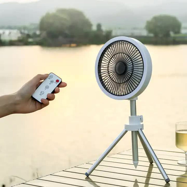 White Portable Outdoor Tripod Fan ‚Äì USB Rechargeable Camping Fan with Remote Control, Folding & Adjustable for Outdoor Activities and Travel