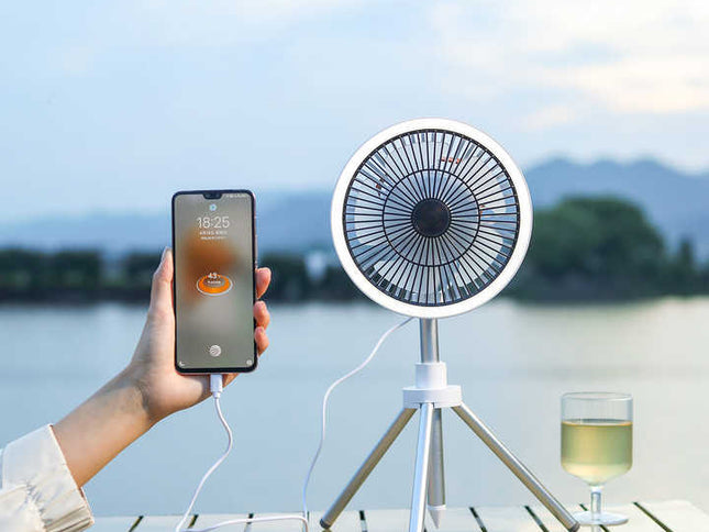 White Portable Outdoor Tripod Fan ‚Äì USB Rechargeable Camping Fan with Remote Control, Folding & Adjustable for Outdoor Activities and Travel