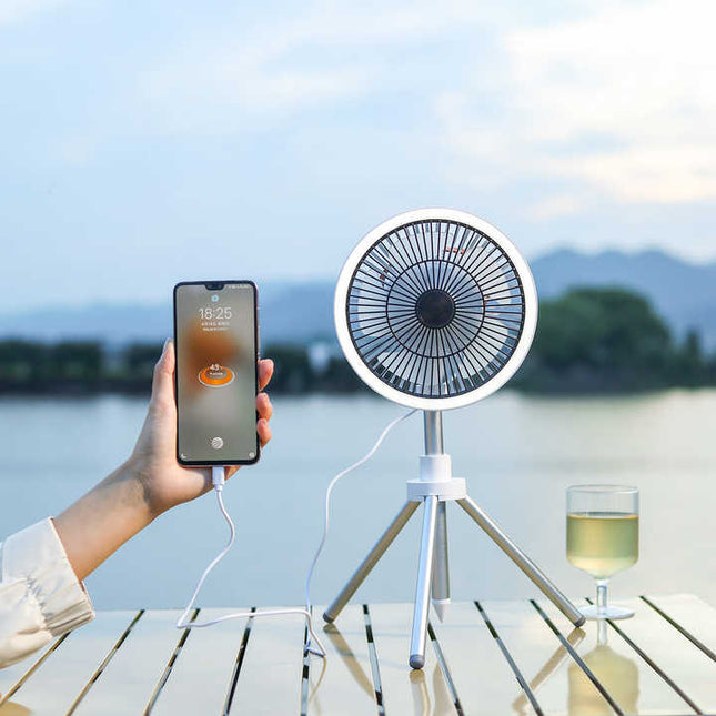 White Portable Outdoor Tripod Fan ‚Äì USB Rechargeable Camping Fan with Remote Control, Folding & Adjustable for Outdoor Activities and Travel