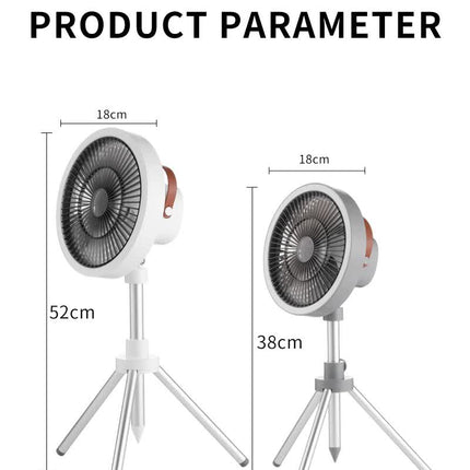 White Portable Outdoor Tripod Fan – USB Rechargeable Camping Fan with Remote Control, Folding & Adjustable for Outdoor Activities and Travel