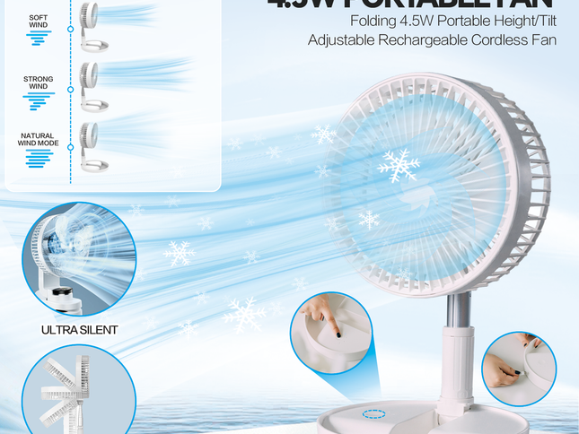 Folding Telescopic 4.5W Portable Height/Tilt Adjustable Rechargeable Cordless Fan