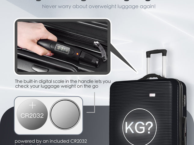 3-Piece Digital Luggage Set (20″/24″/28″) with Weighing Scale & USB Charging – Black