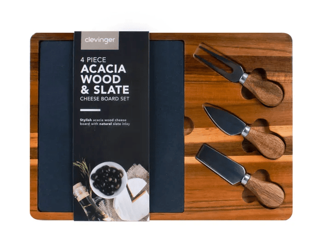 Clevinger 4 Piece Acacia Wood & Slate Cheese Board With Knife Set