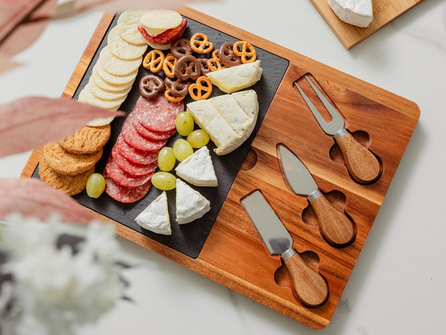 Clevinger 4 Piece Acacia Wood & Slate Cheese Board With Knife Set