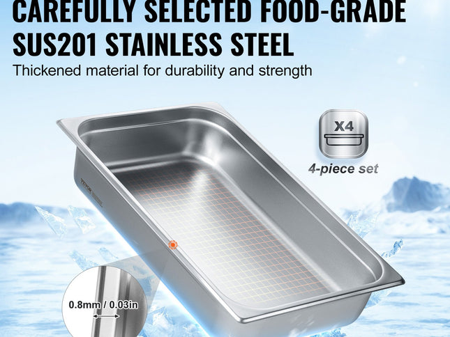 VEVOR 4 Pack Hotel Pans, Full Size Anti-Jam Steam Pan with Lid, 0.8mm Thick Stainless Steel Steam Table Pan, 4-Inch Deep Commercial Table Pan, Catering Storage Food Pan, for Industrial & Scientific