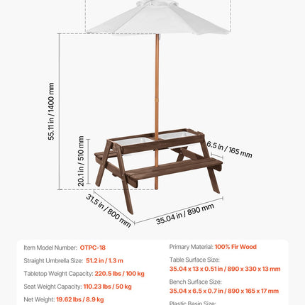 VEVOR Picnic Table Wooden Tables and Bench Set Umbrella Garden Indoor Outdoor