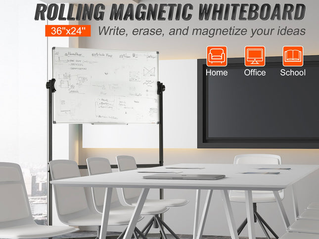 VEVOR 91.5x61cm Rolling Magnetic Whiteboard, Double-sided Mobile Whiteboard, Adjustable Height Dry Erase Board with Wheels, 1 Magnetic Erase & 3 Dry Erase Markers & Movable Tray Office, School