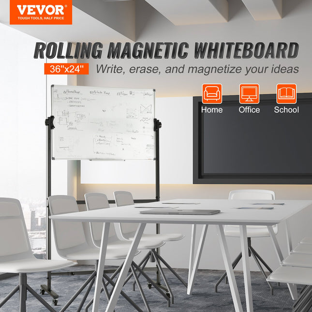 VEVOR 91.5x61cm Rolling Magnetic Whiteboard, Double-sided Mobile Whiteboard, Adjustable Height Dry Erase Board with Wheels, 1 Magnetic Erase & 3 Dry Erase Markers & Movable Tray Office, School