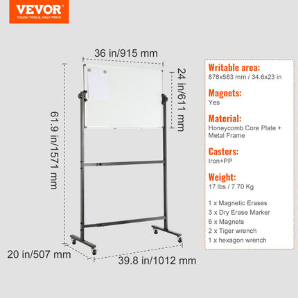 VEVOR 91.5x61cm Rolling Magnetic Whiteboard, Double-sided Mobile Whiteboard, Adjustable Height Dry Erase Board with Wheels, 1 Magnetic Erase & 3 Dry Erase Markers & Movable Tray Office, School