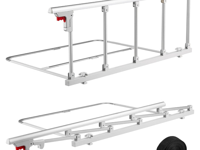 Foldable Bed Rail for Elderly, 122 cm Bedside Assist Rail with Fixing Strap, Adjustable Height Pipe Bedside Cane, High-Strength Metal Senior Bed Bar, Hand Guard Grab Fits King, Queen, Full, Twin