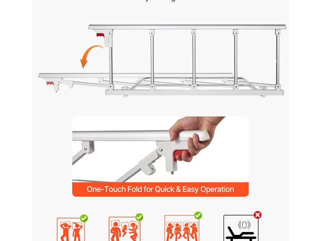 Foldable Bed Rail for Elderly, 122 cm Bedside Assist Rail with Fixing Strap, Adjustable Height Pipe Bedside Cane, High-Strength Metal Senior Bed Bar, Hand Guard Grab Fits King, Queen, Full, Twin