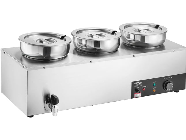 VEVOR Electric Soup Warmer, Three 7.4QT Stainless Steel Round Pot, 1200W Commercial Food Warmer, 30 - 85℃ Adjustable Temp, Bain Marie with Anti-Dry Burn and Reset Button, for Restaurant, Buffet