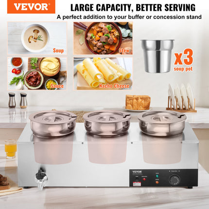 VEVOR Electric Soup Warmer, Three 7.4QT Stainless Steel Round Pot, 1200W Commercial Food Warmer, 30 - 85‚ÑÉ Adjustable Temp, Bain Marie with Anti-Dry Burn and Reset Button, for Restaurant, Buffet