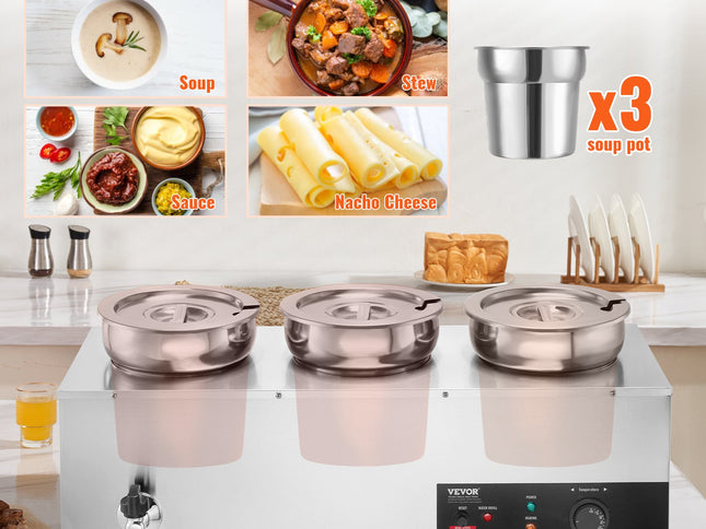 VEVOR Electric Soup Warmer, Three 7.4QT Stainless Steel Round Pot, 1200W Commercial Food Warmer, 30 - 85℃ Adjustable Temp, Bain Marie with Anti-Dry Burn and Reset Button, for Restaurant, Buffet