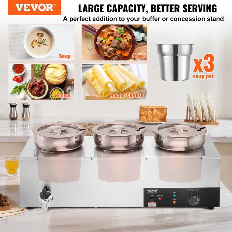 VEVOR Electric Soup Warmer, Three 7.4QT Stainless Steel Round Pot, 1200W Commercial Food Warmer, 30 - 85‚Äö√Ñ√∂‚àö√´‚àö√¢ Adjustable Temp, Bain Marie with Anti-Dry Burn and Reset Button, for Restaurant, Buffet