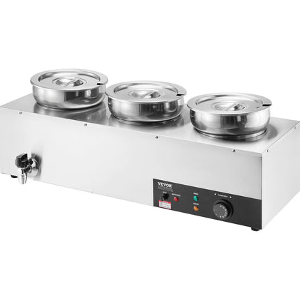 VEVOR Electric Soup Warmer, Three 7.4QT Stainless Steel Round Pot, 1200W Commercial Food Warmer, 30 - 85‚ÑÉ Adjustable Temp, Bain Marie with Anti-Dry Burn and Reset Button, for Restaurant, Buffet
