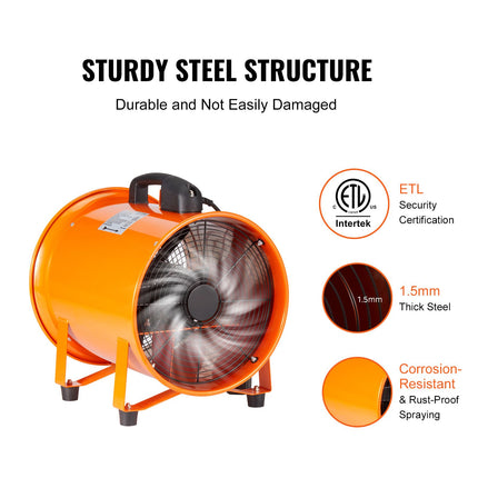 Portable Ventilator, 304.8mm/12inch Heavy Duty Cylinder Fan with 10m Duct Hose, 367W Strong Shop Exhaust Blower 2574CFM, Industrial Utility Blower for Sucking Dust, Smoke, Smoke Home/Workplace