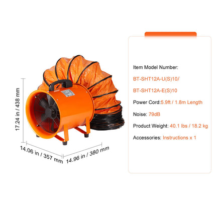 Portable Ventilator, 304.8mm/12inch Heavy Duty Cylinder Fan with 10m Duct Hose, 367W Strong Shop Exhaust Blower 2574CFM, Industrial Utility Blower for Sucking Dust, Smoke, Smoke Home/Workplace