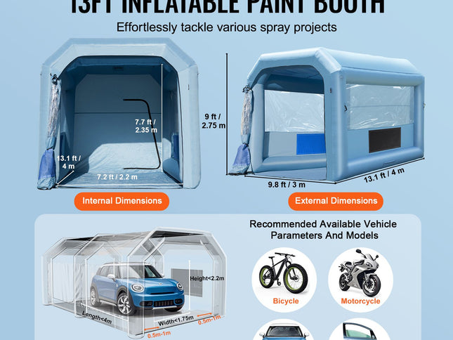 Inflatable Paint Spray Booth with Air Filter System – 13.1 x 9.8 x 9 ft, 750W Blower