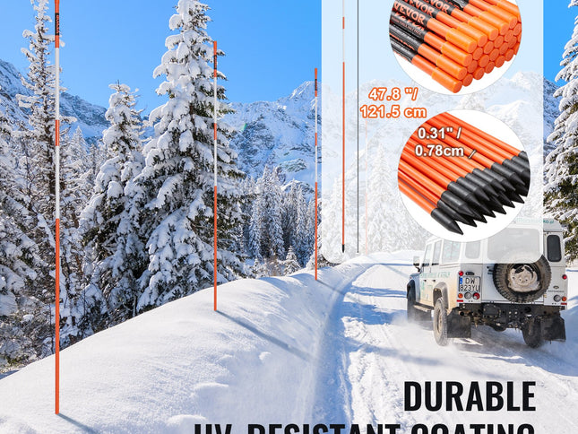 VEVOR Driveway Markers, 100PCS 121.5cm, 0.78cm Diameter, Orange Fiberglass Poles Snow Stakes with Reflective Tape, 30cm Steel Drill Bit & Protection Gloves for Parking Lots, Walkways Easy Visibility