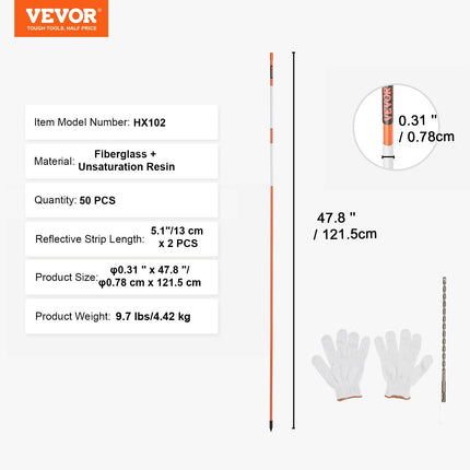 VEVOR Driveway Markers, 50 PCS 121.5 cm, 0.78 cm Diameter Orange Fiberglass Poles Snow Stakes with Reflective Tape, 30 cm Steel Drill Bit & Protection Gloves for Parking Lots, Walkways Easy Visibility