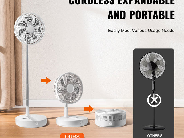 VEVOR 12 Inch Foldable Oscillating Standing Fan with Remote Control, 4 Speed Adjustable Portable Desk Quiet Fan, 7200mah Rechargeable USB Small Fan, Folded Rotating Floor Fan for Bedroom Office Travel