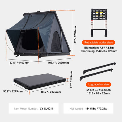 Rooftop Tent Hard Shell 2-3 Person Waterproof for Jeep SUV Truck w/ Ladder