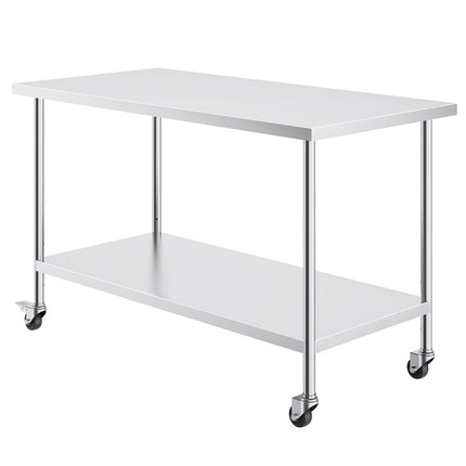 Stainless Steel Work Table 30 x 60 x 38 Inch, with 4 Wheels, 3 Adjustable Height Levels, Heavy Duty Food Prep Worktable for Commercial Kitchen Restaurant, Silver