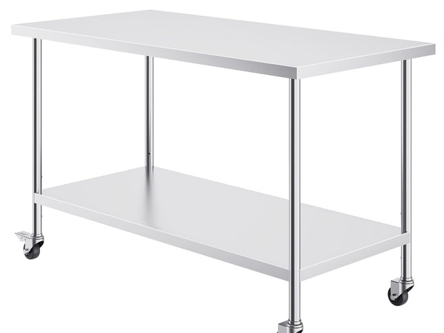 Stainless Steel Work Table 30 x 60 x 38 Inch, with 4 Wheels, 3 Adjustable Height Levels, Food Prep Worktable for Commercial Kitchen Restaurant, Silver
