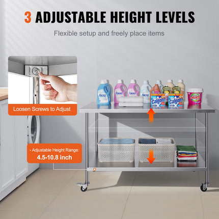 Stainless Steel Work Table 30 x 60 x 38 Inch, with 4 Wheels, 3 Adjustable Height Levels, Heavy Duty Food Prep Worktable for Commercial Kitchen Restaurant, Silver