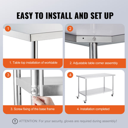 Stainless Steel Work Table 30 x 60 x 38 Inch, with 4 Wheels, 3 Adjustable Height Levels, Heavy Duty Food Prep Worktable for Commercial Kitchen Restaurant, Silver