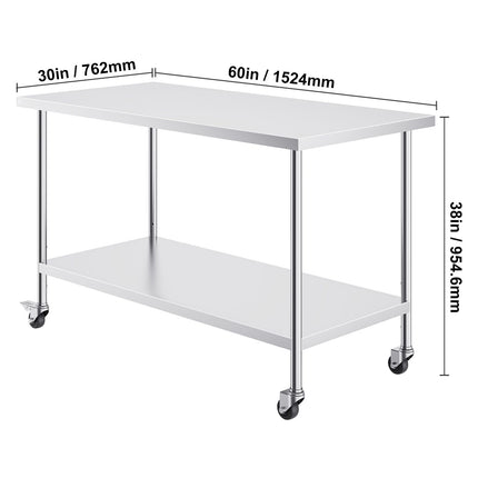 Stainless Steel Work Table 30 x 60 x 38 Inch, with 4 Wheels, 3 Adjustable Height Levels, Heavy Duty Food Prep Worktable for Commercial Kitchen Restaurant, Silver