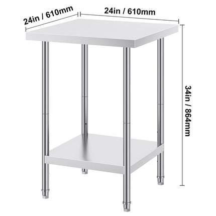 Stainless Steel Prep Table, 24 x 24 x 34 Inch, Heavy Duty Metal Worktable with 3 Adjustable Height Levels, Commercial Workstation for Kitchen Garage Restaurant Backyard