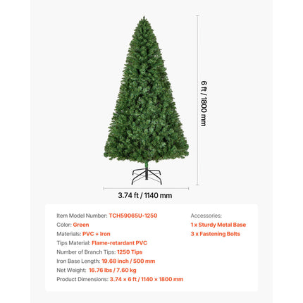 Christmas Tree, 1.8m Artificial Xmas Tree, Full Holiday Decor Trees with 1250 Branch Tips & Sturdy Metal Base for Home Party Office Decoration