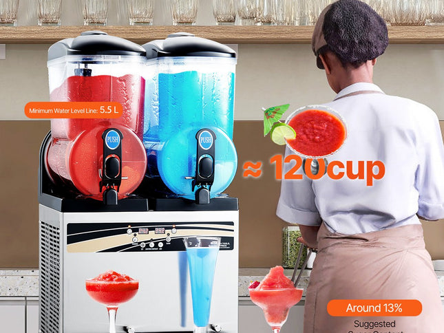 VEVOR Commercial Frozen Drink Maker, 15Lx2 Double Tank Slushy Machine, 120 Cups Stainless Steel Margarita Smoothie Frozen Drink Machine, Slushie Maker for Home Party Restaurants Cafe Bars