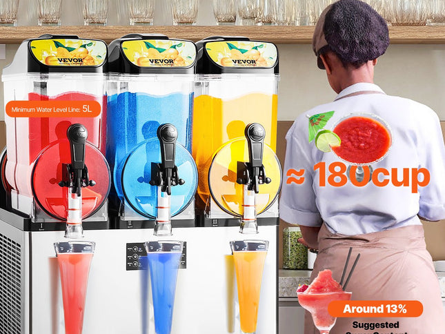 VEVOR Commercial Frozen Drink Maker, 15Lx3 Triple Tank Slushy Machine, 180 Cups Stainless Steel Margarita Smoothie Frozen Drink Machine, Slushie Maker for Home Party Restaurants Cafe Bars