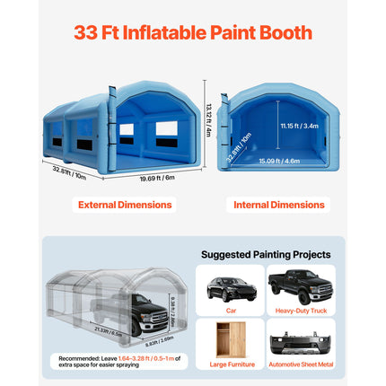 Inflatable Paint Booth, 10 x 6 x 4 m, Inflatable Spray Booth with 950W and 1100W Blowers and Air Filter System, Round Roof, for Painting Car, Truck, Furniture, and Automotive Sheet Metal