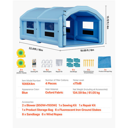 Inflatable Paint Booth, 10 x 6 x 4 m, Inflatable Spray Booth with 950W and 1100W Blowers and Air Filter System, Round Roof, for Painting Car, Truck, Furniture, and Automotive Sheet Metal