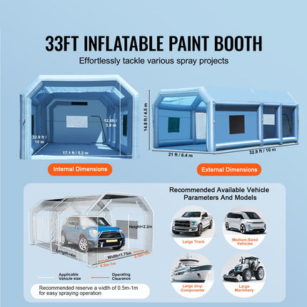 Inflatable Paint Booth, 32.8 x 21 x 14.8 ft Inflatable Spray Booth, with 1100W+750W Powerful Blowers and Air Filter System, Portable Car Paint Booth for Large Truck, Large Van, Large Machinery