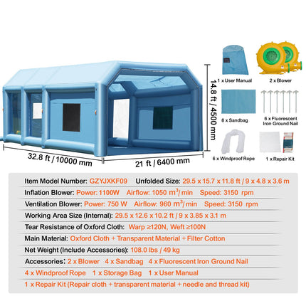 Inflatable Paint Booth, 32.8 x 21 x 14.8 ft Inflatable Spray Booth, with 1100W+750W Powerful Blowers and Air Filter System, Portable Car Paint Booth for Large Truck, Large Van, Large Machinery