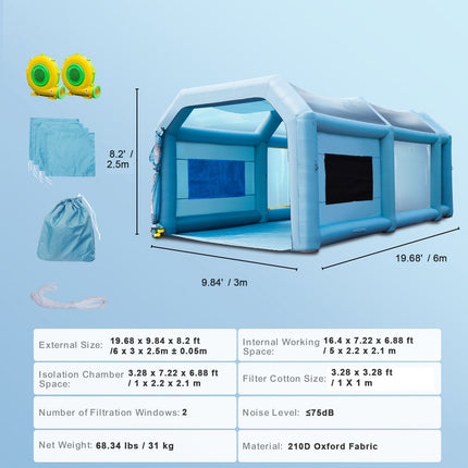Inflatable Spray Booth Car Paint Tent 20x10x8ft Filter System 2 Blowers