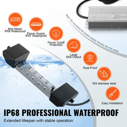 Ultrasonic Mist Maker 12 Head, 9000mL/H Ultrasonic Fogger, Mist Maker with 300W IP67 Waterproof Power Supply, Buoy, Replacement Discs, for Pond, Garden, Rockery, Greenhouse, Halloween Decoration