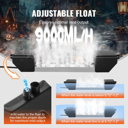 Ultrasonic Mist Maker 12 Head, 9000mL/H Ultrasonic Fogger, Mist Maker with 300W IP67 Waterproof Power Supply, Buoy, Replacement Discs, for Pond, Garden, Rockery, Greenhouse, Halloween Decoration