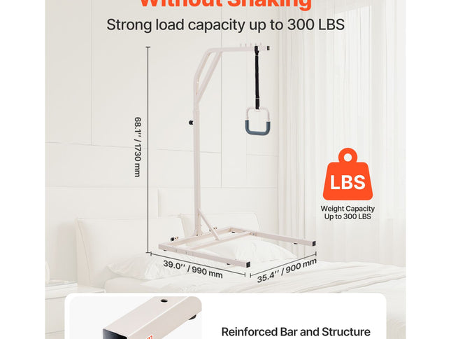 Trapeze Bar for Bed Mobility, Height-Adjustable Free Standing Trapeze Bar with 2 Wheels, 300LBS Capacity Bed Pull Up Assist for Elderly Disabled, Ideal for Hospital, Nursing Home & Home Care