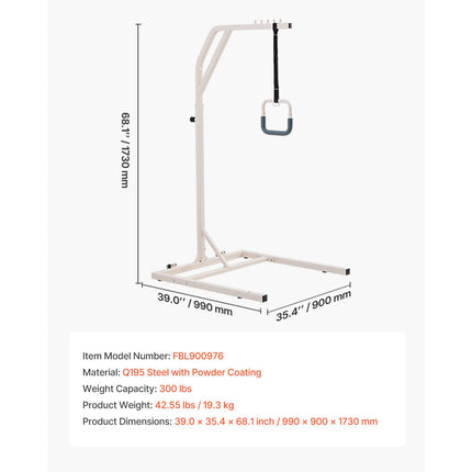 Trapeze Bar for Bed Mobility, Height-Adjustable Free Standing Trapeze Bar with 2 Wheels, 300LBS Capacity Bed Pull Up Assist for Elderly Disabled, Ideal for Hospital, Nursing Home & Home Care